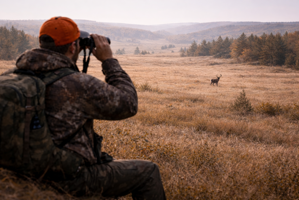 Hunter in camouflage sitting in a field using binoculars to spot a deer in the distance during fair chase hunting.